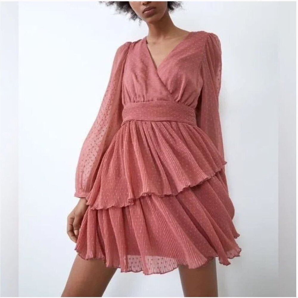 Zara Mauve Swiss Dot Surplice Tiered Ruffle Mini Dress Size‎ XS